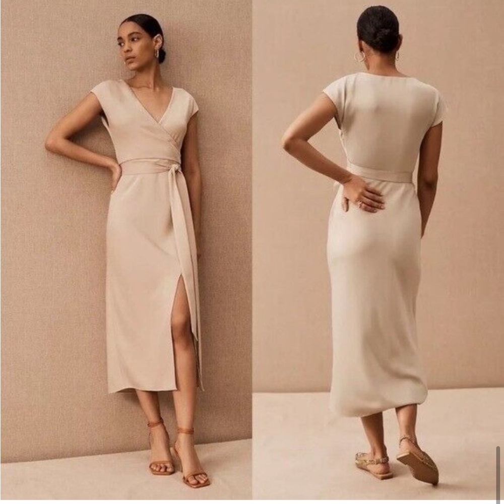 NWT BHLDN Louisa Satin Charmeuse Champagne Wrap Front Surplice Midi Dress 6 slit